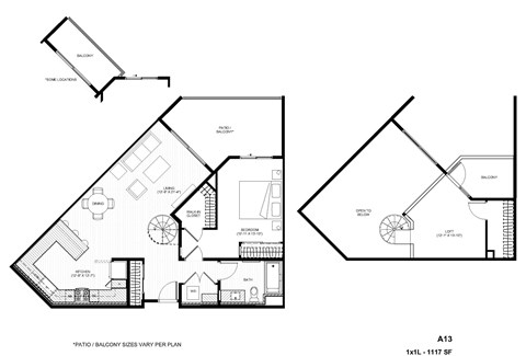 Floor plan for 1 bed, 1 bath, 1117 sqft